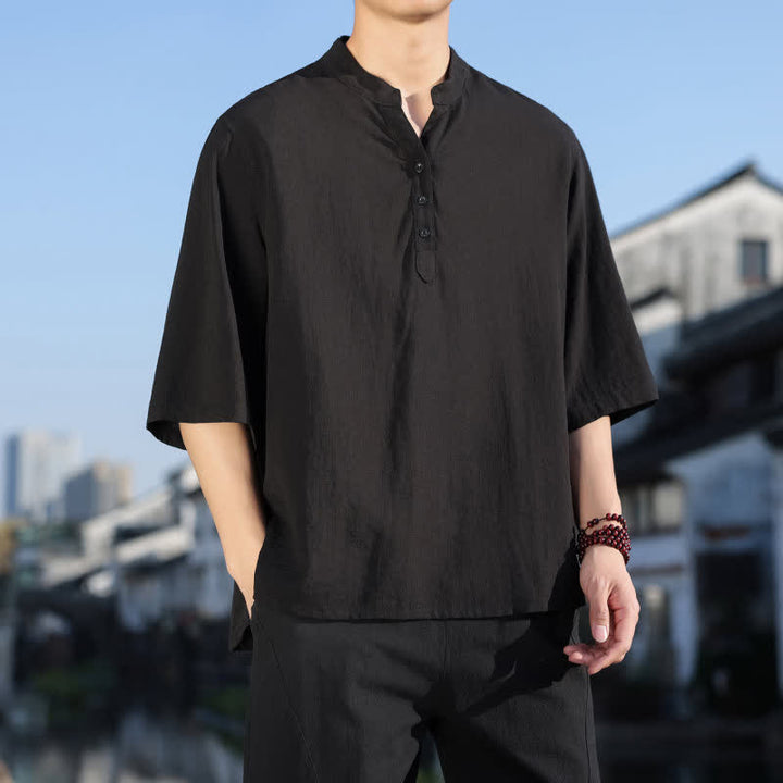 Buddha Stones Summer Mandarin Collar Three Buttons Men's Elbow-Length Sleeve Shirts - image 12