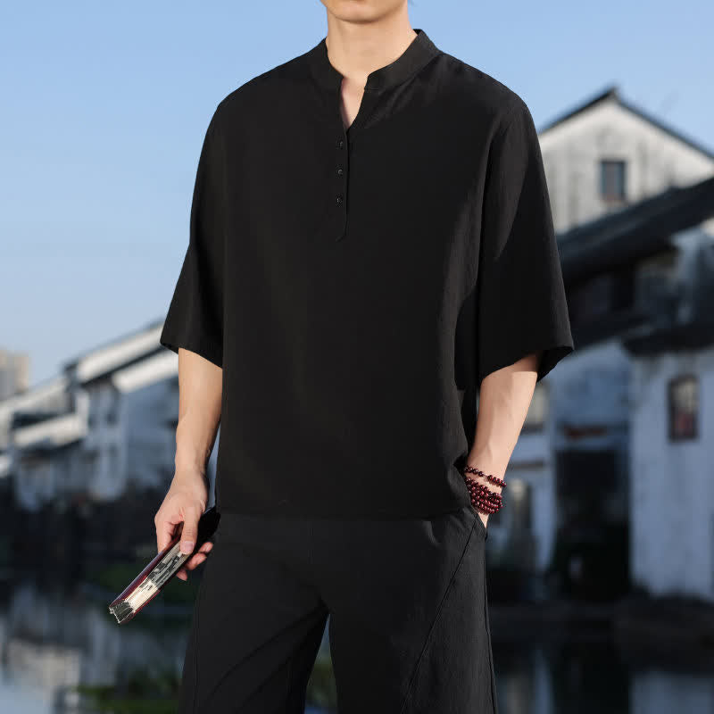 Buddha Stones Summer Mandarin Collar Three Buttons Men's Elbow-Length Sleeve Shirts - image 15