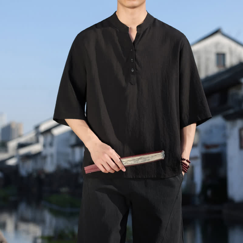 Buddha Stones Summer Mandarin Collar Three Buttons Men's Elbow-Length Sleeve Shirts - image 8