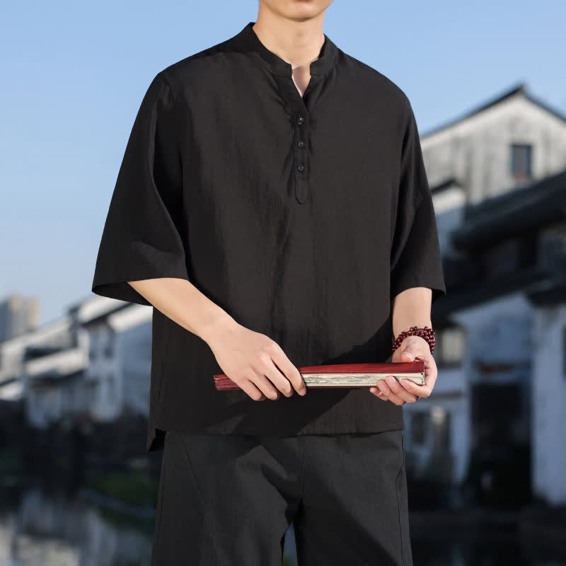 Buddha Stones Summer Mandarin Collar Three Buttons Men's Elbow-Length Sleeve Shirts - image 16