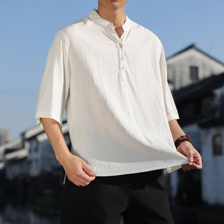 Buddha Stones Summer Mandarin Collar Three Buttons Men's Elbow-Length Sleeve Shirts - image 5