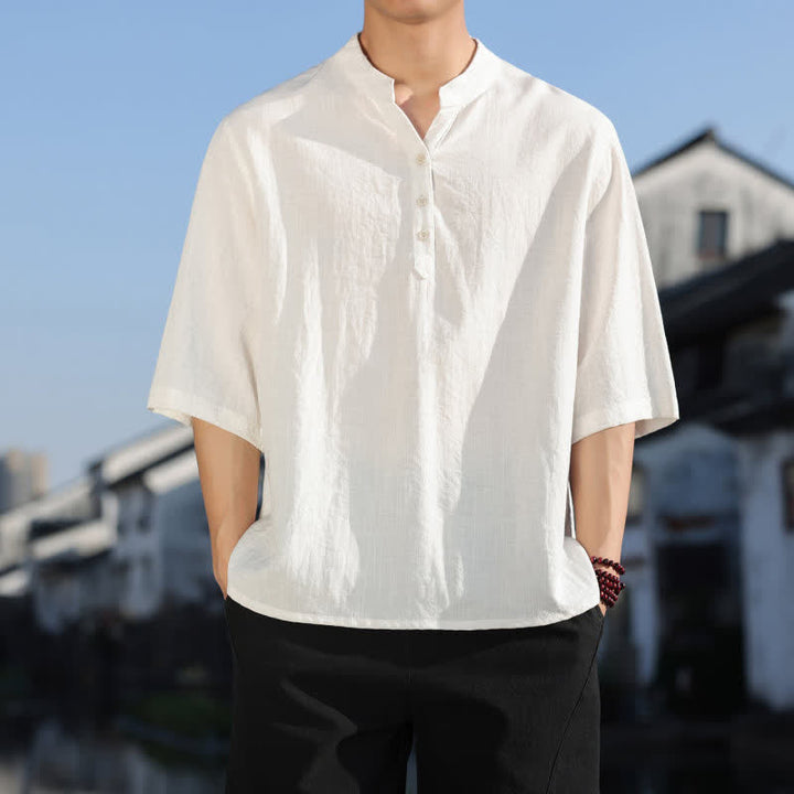 Buddha Stones Summer Mandarin Collar Three Buttons Men's Elbow-Length Sleeve Shirts - White - US/UK/AU48，EU58(5XL) - image 0