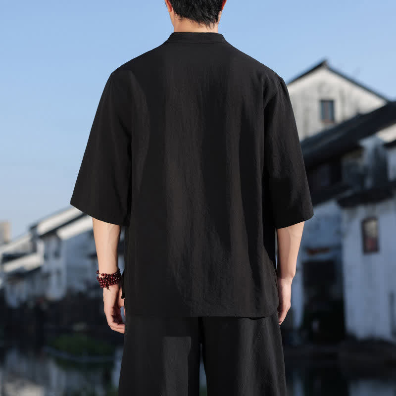 Buddha Stones Summer Mandarin Collar Three Buttons Men's Elbow-Length Sleeve Shirts - image 10