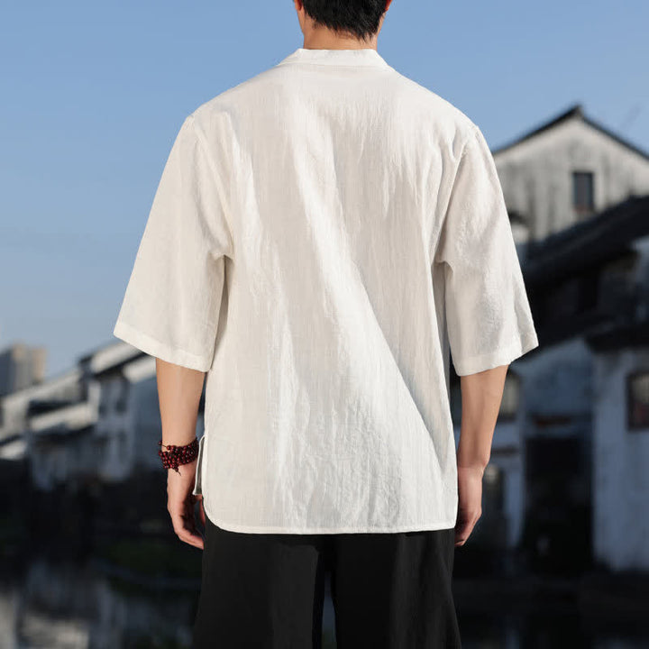 Buddha Stones Summer Mandarin Collar Three Buttons Men's Elbow-Length Sleeve Shirts - image 3