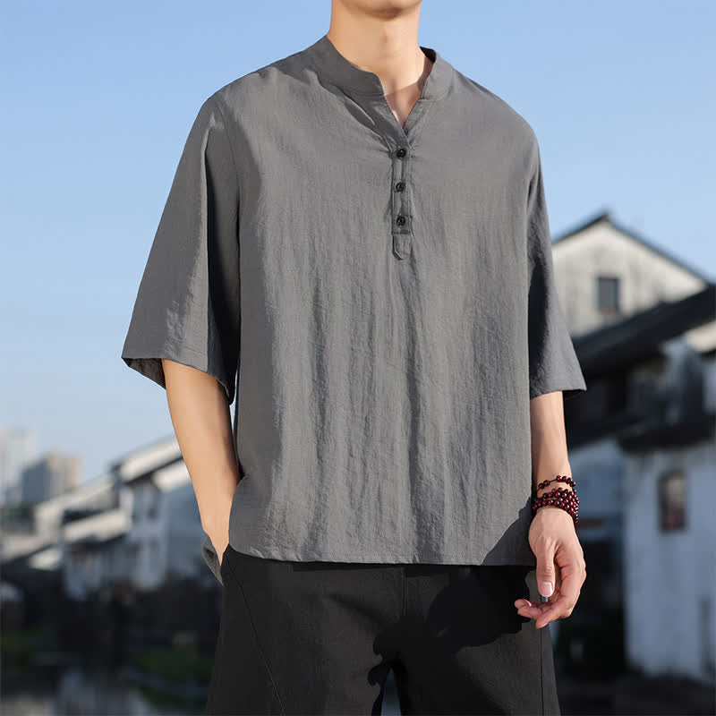 Buddha Stones Summer Mandarin Collar Three Buttons Men's Elbow-Length Sleeve Shirts - image 23