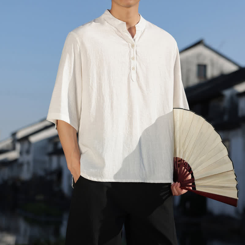 Buddha Stones Summer Mandarin Collar Three Buttons Men's Elbow-Length Sleeve Shirts - image 4