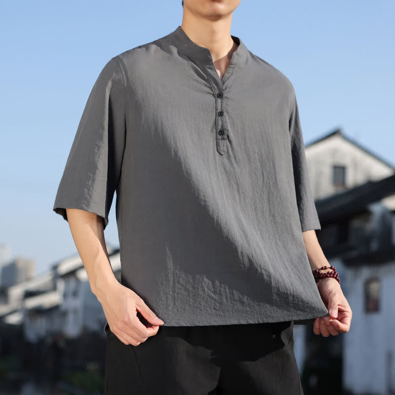 Buddha Stones Summer Mandarin Collar Three Buttons Men's Elbow-Length Sleeve Shirts - image 21