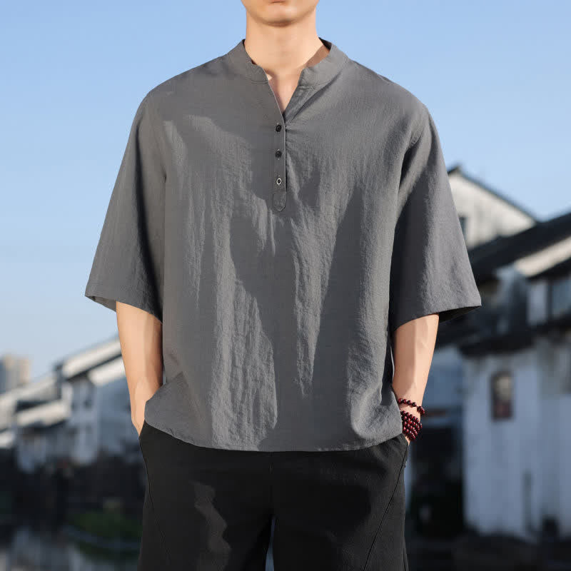 Buddha Stones Summer Mandarin Collar Three Buttons Men's Elbow-Length Sleeve Shirts - Gray - US/UK/AU48，EU58(5XL) - image 17