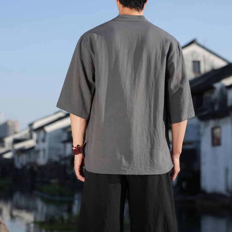 Buddha Stones Summer Mandarin Collar Three Buttons Men's Elbow-Length Sleeve Shirts - image 20