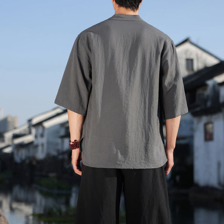 Buddha Stones Summer Mandarin Collar Three Buttons Men's Elbow-Length Sleeve Shirts - image 20