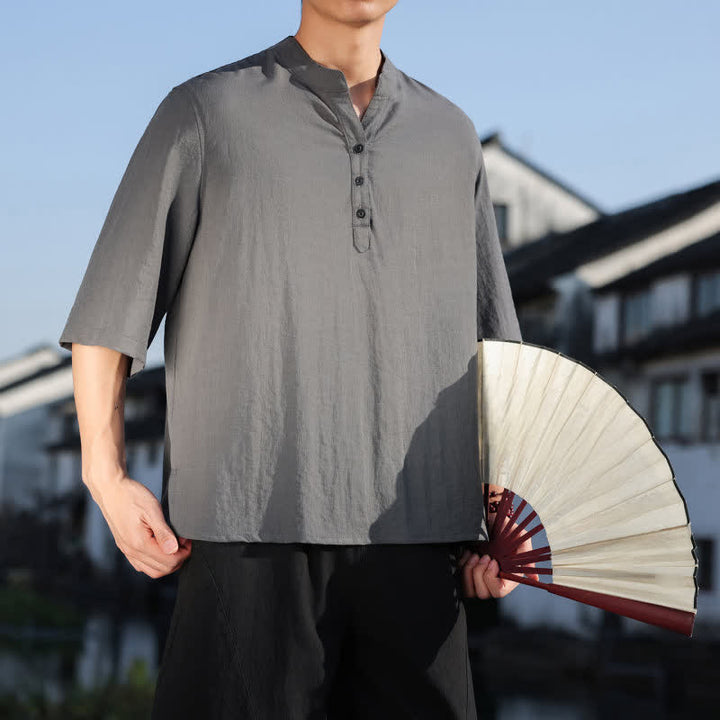 Buddha Stones Summer Mandarin Collar Three Buttons Men's Elbow-Length Sleeve Shirts - image 22
