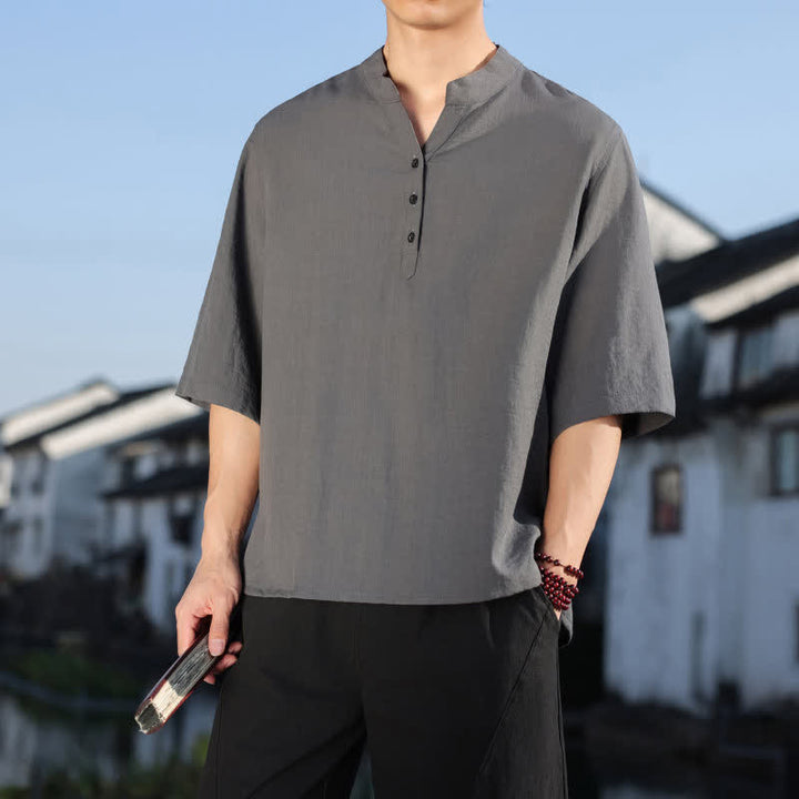 Buddha Stones Summer Mandarin Collar Three Buttons Men's Elbow-Length Sleeve Shirts - image 19