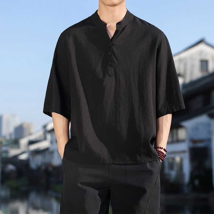 Buddha Stones Summer Mandarin Collar Three Buttons Men's Elbow-Length Sleeve Shirts - Black - US/UK/AU48，EU58(5XL) - image 7