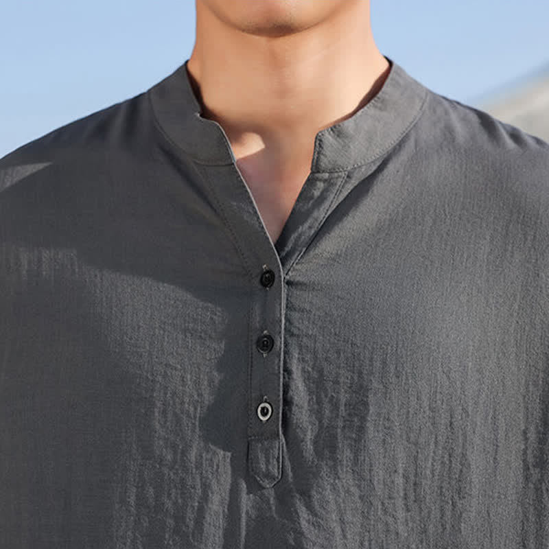 Buddha Stones Summer Mandarin Collar Three Buttons Men's Elbow-Length Sleeve Shirts - image 24