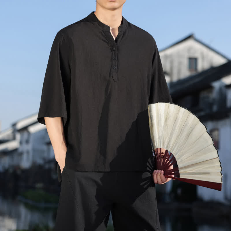 Buddha Stones Summer Mandarin Collar Three Buttons Men's Elbow-Length Sleeve Shirts - image 9