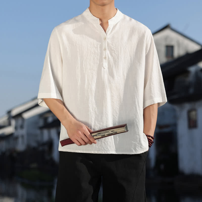 Buddha Stones Summer Mandarin Collar Three Buttons Men's Elbow-Length Sleeve Shirts - image 1