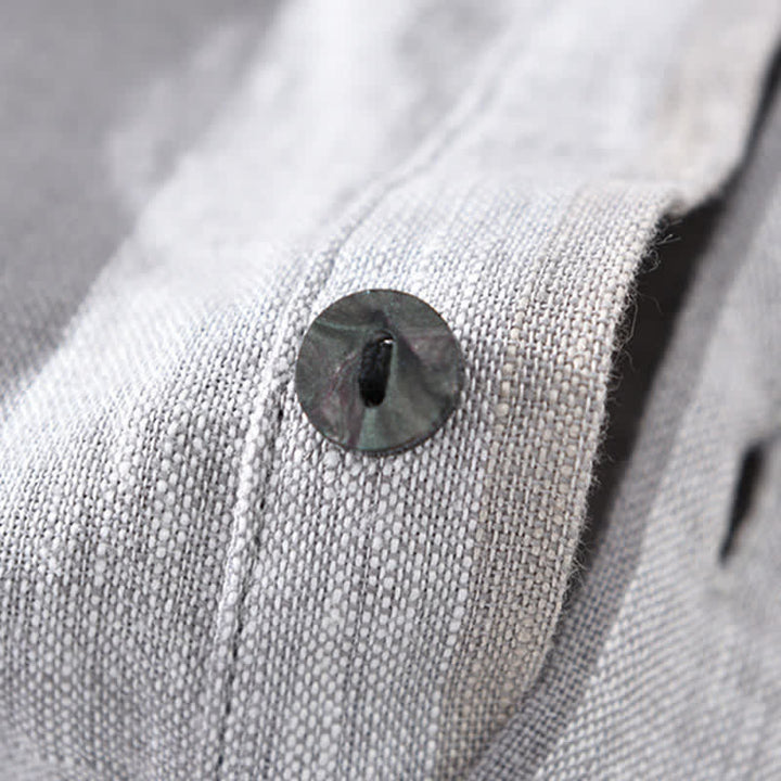 Buddha Stones Summer Vintage Mandarin Collar Button Up Striped Linen Men's Shirts With Patch Pocket - image 6
