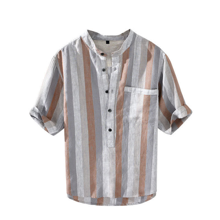 Buddha Stones Summer Vintage Mandarin Collar Button Up Striped Linen Men's Shirts With Patch Pocket - image 2