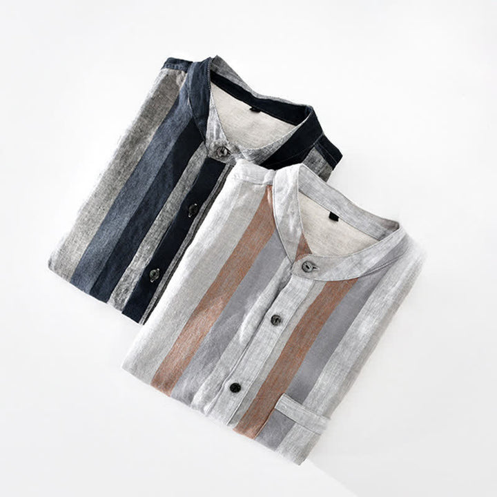 Buddha Stones Summer Vintage Mandarin Collar Button Up Striped Linen Men's Shirts With Patch Pocket - image 15
