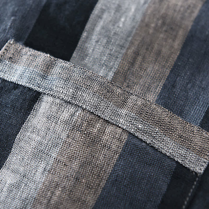 Buddha Stones Summer Vintage Mandarin Collar Button Up Striped Linen Men's Shirts With Patch Pocket - image 12