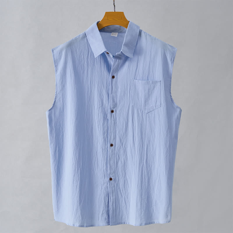 Buddha Stones Summer Casual Minimalist Button-Up Solid Men's Sleeveless Shirts - LightBlue - US/UK/AU44，EU54 (3XL) - image 19