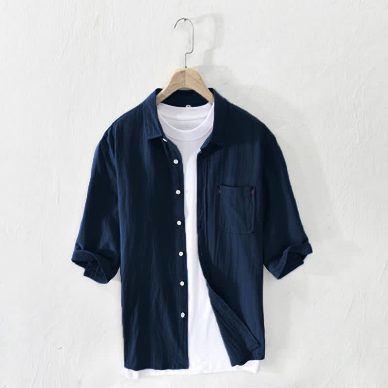 Buddha Stones Summer Casual Minimalist Button-Up Solid Cotton Linen Men's Short Sleeve Shirts With Pocket - Navy - US/UK/AU44，EU54 (3XL) - image 14