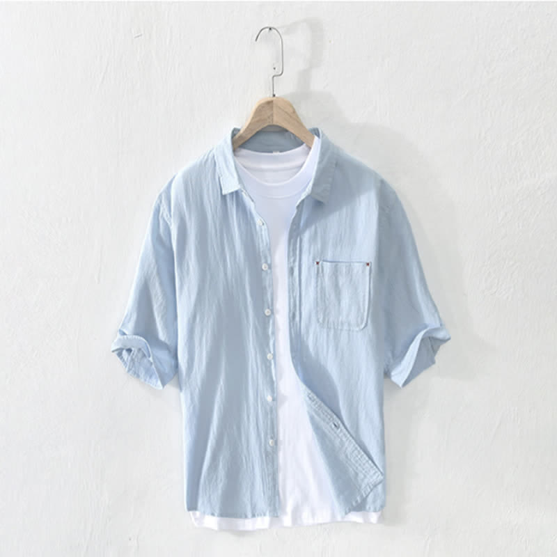 Buddha Stones Summer Casual Minimalist Button-Up Solid Cotton Linen Men's Short Sleeve Shirts With Pocket - PowderBlue - US/UK/AU44，EU54 (3XL) - image 10