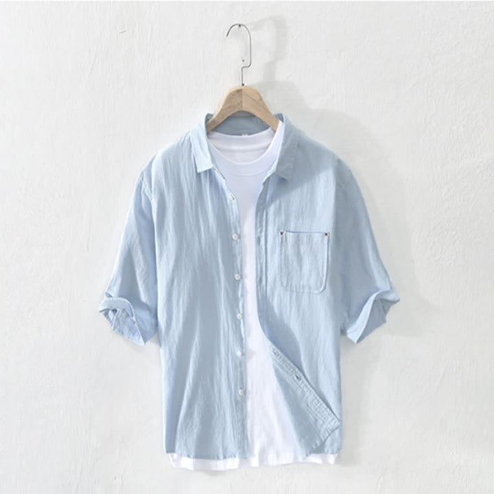 Buddha Stones Summer Casual Minimalist Button-Up Solid Cotton Linen Men's Short Sleeve Shirts With Pocket - PowderBlue - US/UK/AU44，EU54 (3XL) - image 10
