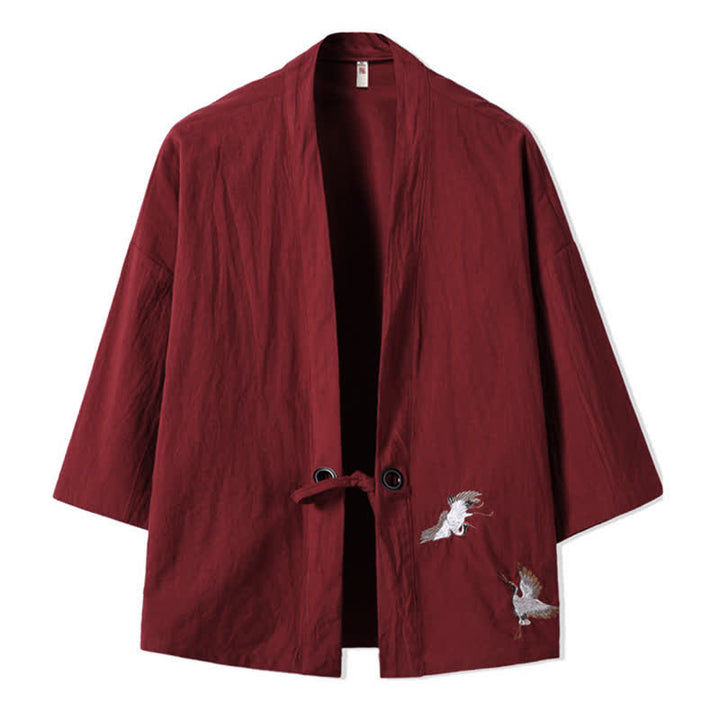 Buddha Stones Fall Casual Vintage Embroidery Crane Cotton Linen Men's Kimonos - Maroon - US/UK/AU48，EU58(5XL) - image 8
