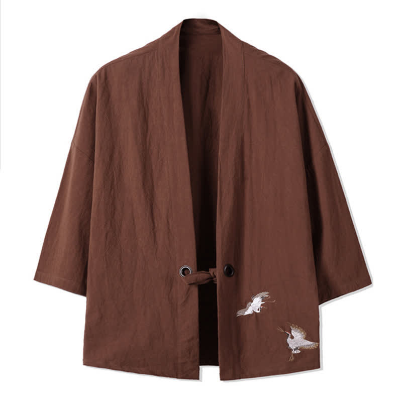 Buddha Stones Fall Casual Vintage Embroidery Crane Cotton Linen Men's Kimonos - Sienna - US/UK/AU48，EU58(5XL) - image 12