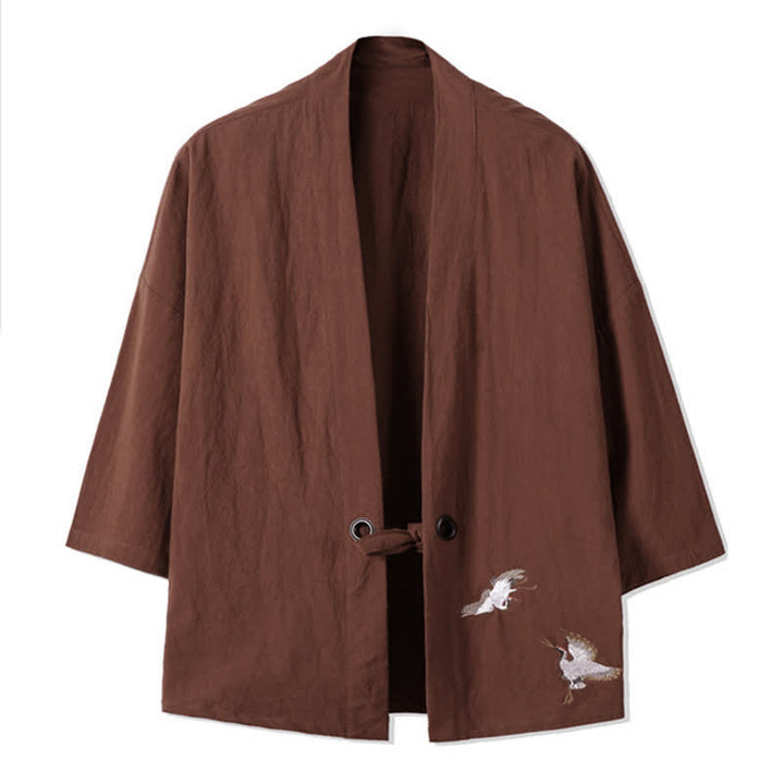 Buddha Stones Fall Casual Vintage Embroidery Crane Cotton Linen Men's Kimonos - Sienna - US/UK/AU48，EU58(5XL) - image 12