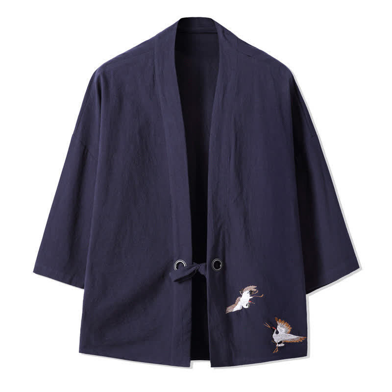 Buddha Stones Fall Casual Vintage Embroidery Crane Cotton Linen Men's Kimonos - MidnightBlue - US/UK/AU48，EU58(5XL) - image 10