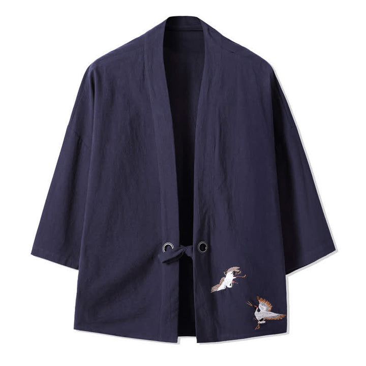 Buddha Stones Fall Casual Vintage Embroidery Crane Cotton Linen Men's Kimonos - MidnightBlue - US/UK/AU48，EU58(5XL) - image 10