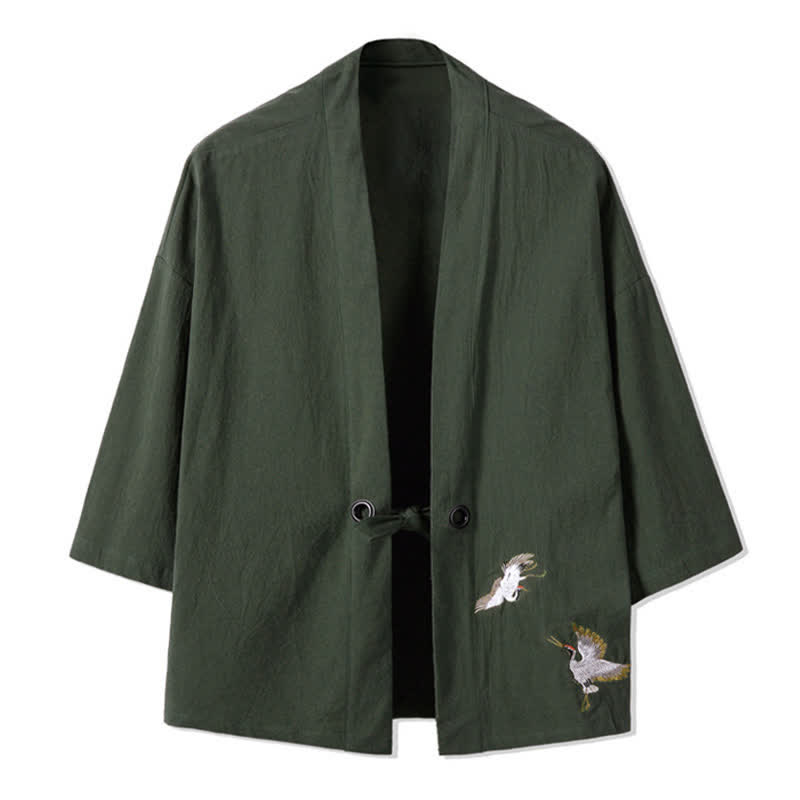 Buddha Stones Fall Casual Vintage Embroidery Crane Cotton Linen Men's Kimonos - DarkOliveGreen - US/UK/AU48，EU58(5XL) - image 0