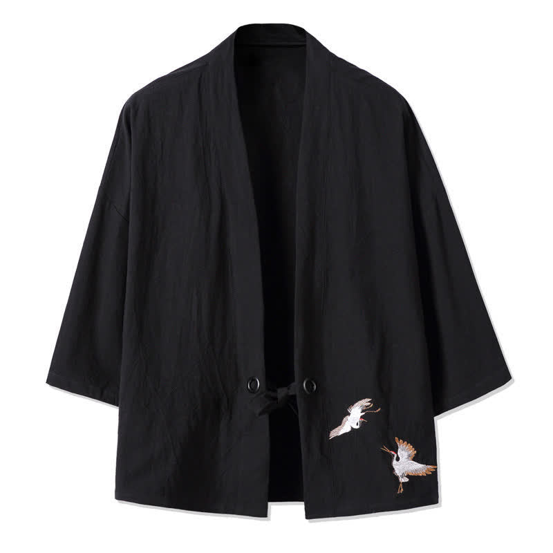 Buddha Stones Fall Casual Vintage Embroidery Crane Cotton Linen Men's Kimonos - Black - US/UK/AU48，EU58(5XL) - image 6