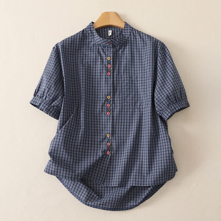 Buddha Stones Summer Casual Vintage Mandarin Collar Button-Up Plaid Women's Short Sleeve Shirts With Pocket - SlateGray - US12，UK/AU16，EU44 (2XL) - image 0