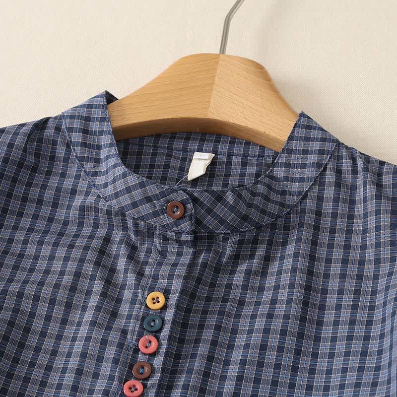 Buddha Stones Summer Casual Vintage Mandarin Collar Button-Up Plaid Women's Short Sleeve Shirts With Pocket - image 2