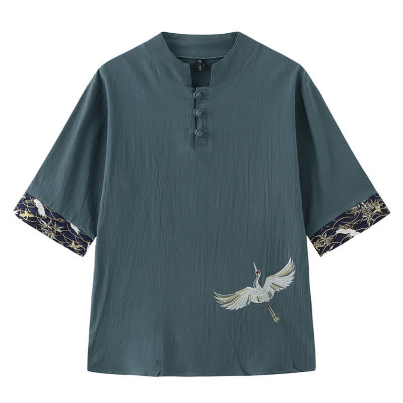 Buddha Stones Summer Tang Style Vintage Frog Button Crane Men's Short Sleeve Shirts - CadetBlue - US/UK/AU46，EU56 (5XL) - image 0