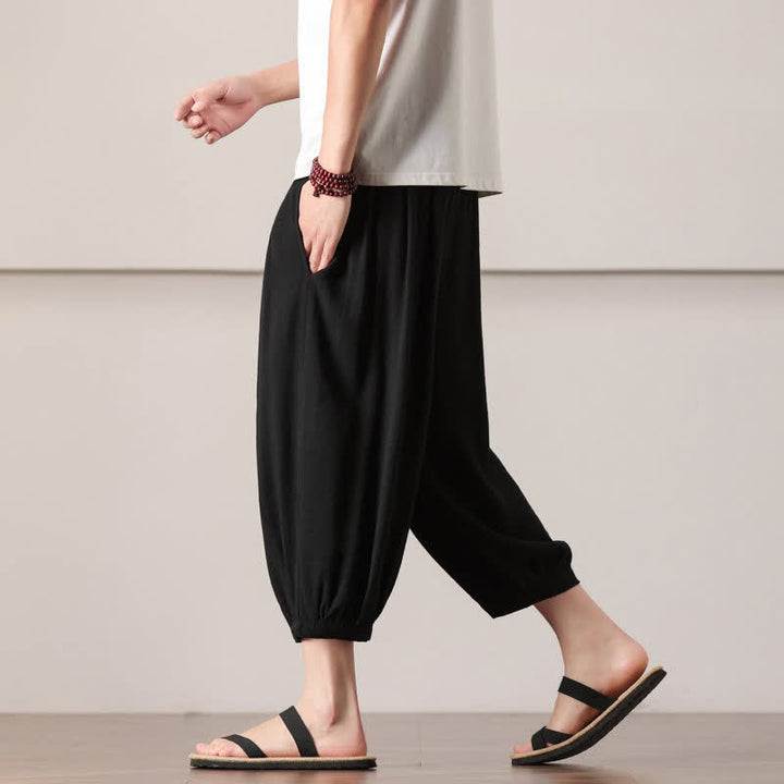 Buddha Stones Summer Casual Minimalist Drawstring Solid Capri Pants Men's Harem Pants With Pocket - image 26