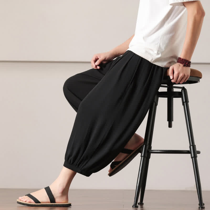 Buddha Stones Summer Casual Minimalist Drawstring Solid Capri Pants Men's Harem Pants With Pocket - image 28