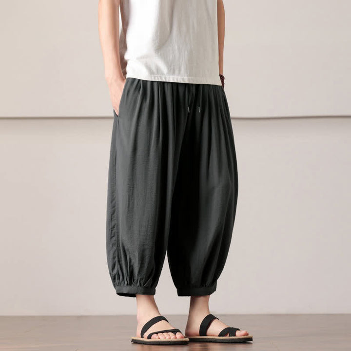 Buddha Stones Summer Casual Minimalist Drawstring Solid Capri Pants Men's Harem Pants With Pocket - image 3