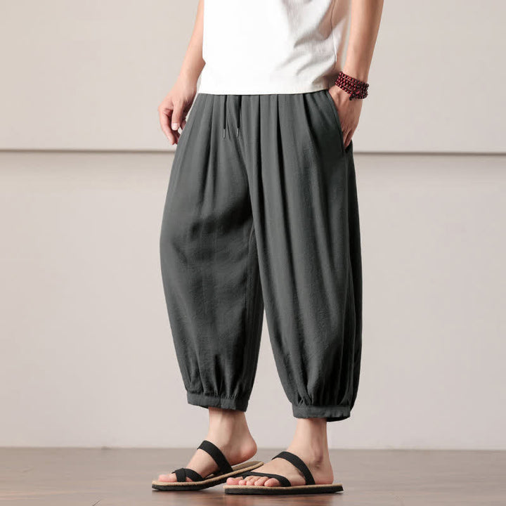 Buddha Stones Summer Casual Minimalist Drawstring Solid Capri Pants Men's Harem Pants With Pocket - image 1