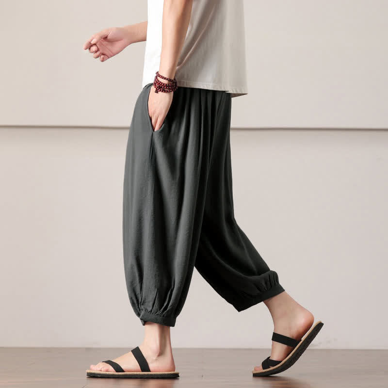 Buddha Stones Summer Casual Minimalist Drawstring Solid Capri Pants Men's Harem Pants With Pocket - image 5