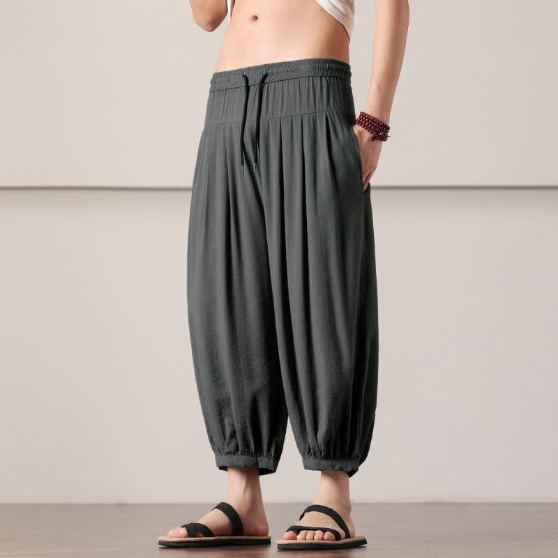 Buddha Stones Summer Casual Minimalist Drawstring Solid Capri Pants Men's Harem Pants With Pocket - image 2
