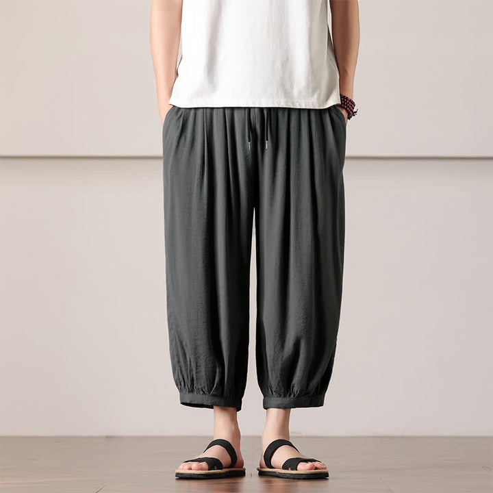 Buddha Stones Summer Casual Minimalist Drawstring Solid Capri Pants Men's Harem Pants With Pocket - DimGray - US/UK/AU46，EU56 (5XL) - image 0