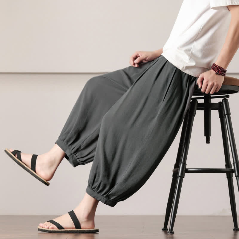 Buddha Stones Summer Casual Minimalist Drawstring Solid Capri Pants Men's Harem Pants With Pocket - image 6
