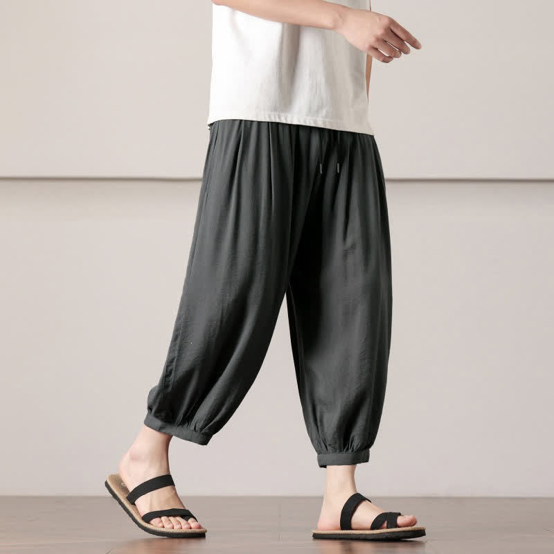 Buddha Stones Summer Casual Minimalist Drawstring Solid Capri Pants Men's Harem Pants With Pocket - image 4