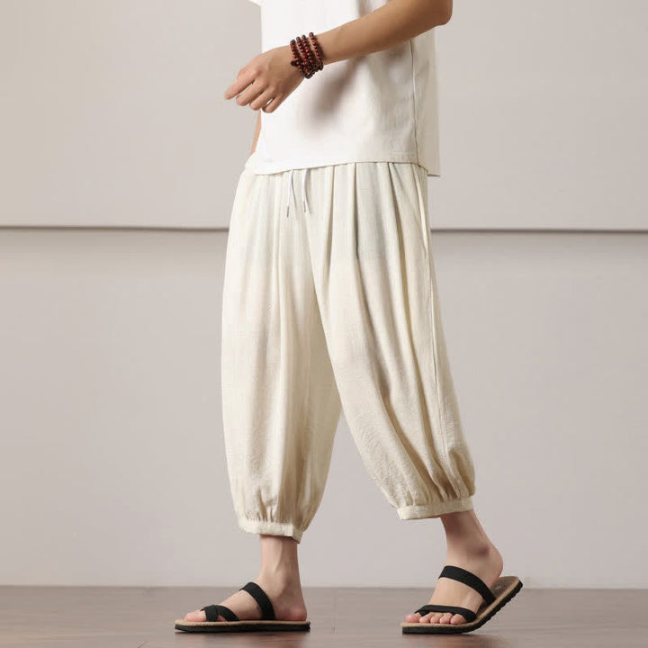 Buddha Stones Summer Casual Minimalist Drawstring Solid Capri Pants Men's Harem Pants With Pocket - image 14