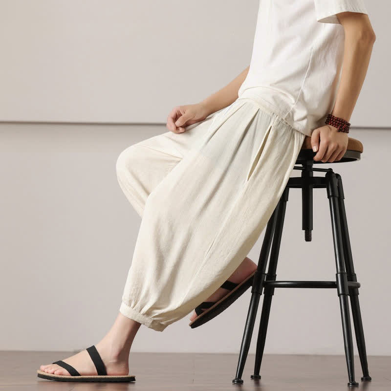 Buddha Stones Summer Casual Minimalist Drawstring Solid Capri Pants Men's Harem Pants With Pocket - image 17