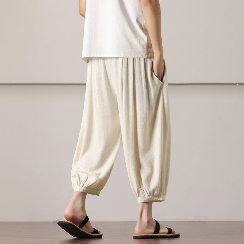 Buddha Stones Summer Casual Minimalist Drawstring Solid Capri Pants Men's Harem Pants With Pocket - image 18